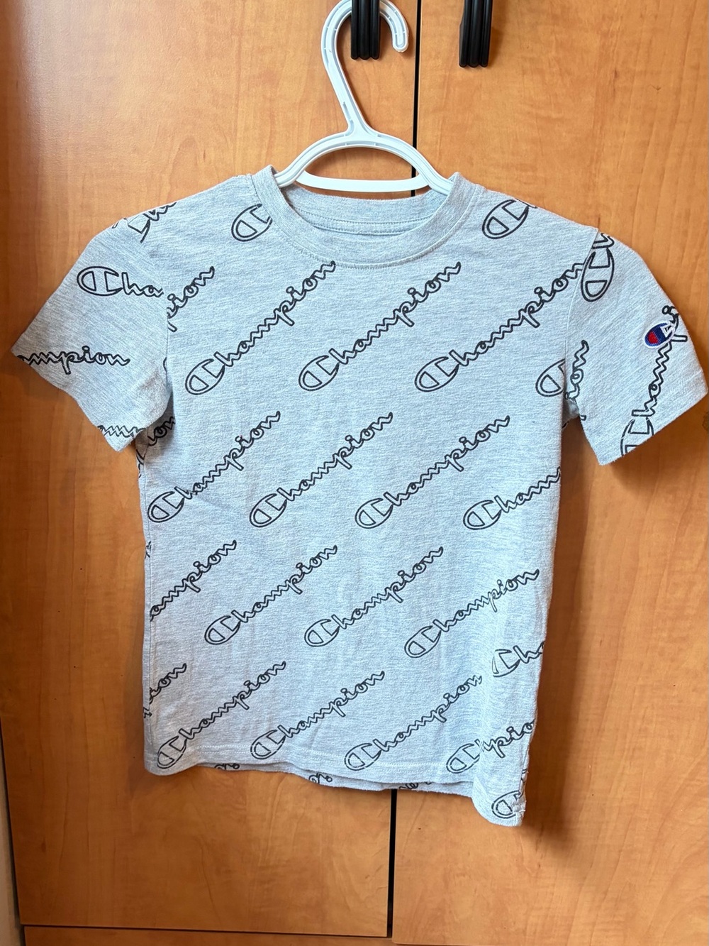 Champion Heather Gray Script Logo T-Shirt with Red & Blue Accent